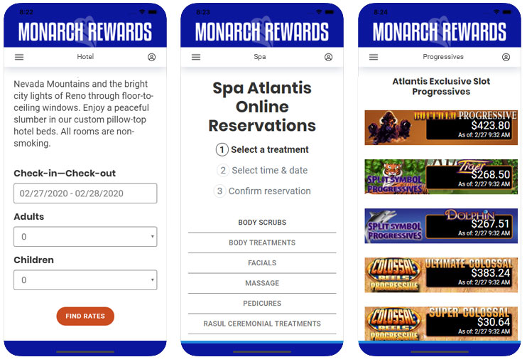 Monarch Rewards App screens App screens showing hotel reservations spa appointment and progressives pages within the app