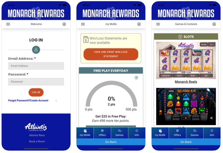 app-screens-login-games-freeplay App screens showing login free play and games pages within the app